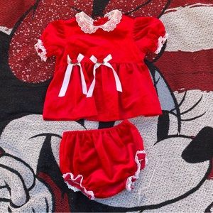 VTG EVY RED VELVET LACE SMOCKED COLLARED TWO PIECE OUTFIT SIZE 6/9 MONTHS